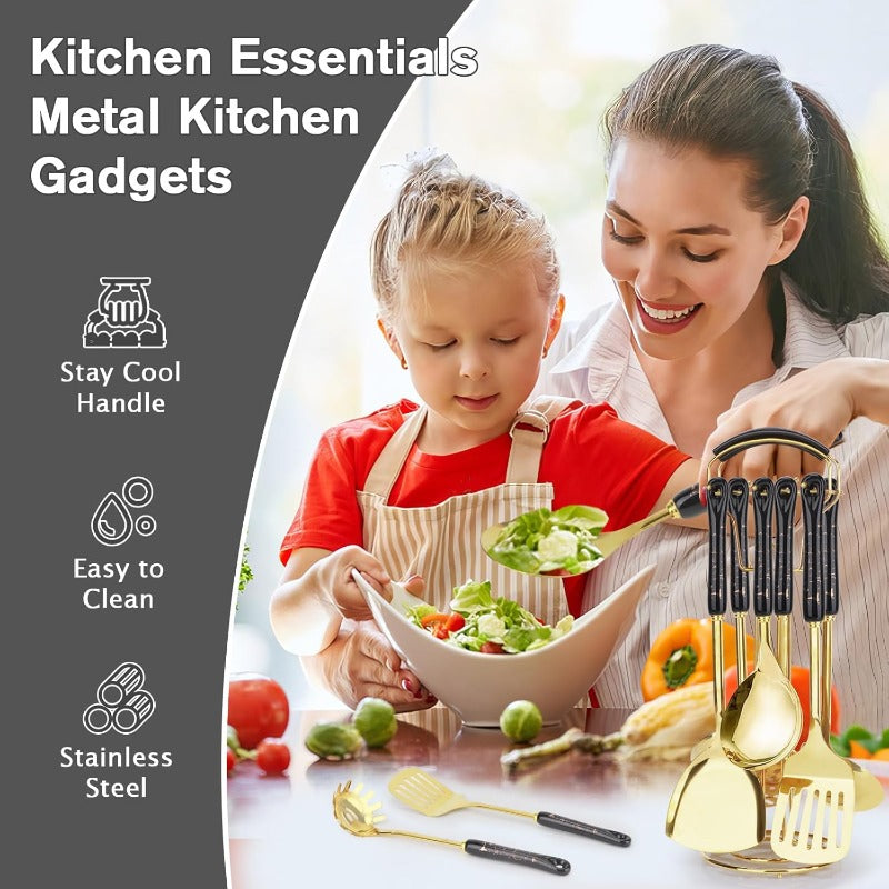 7pcs Stainless Steel Kitchen Utensil Set with Ceramic Heat-Resistant Non-Slip Black