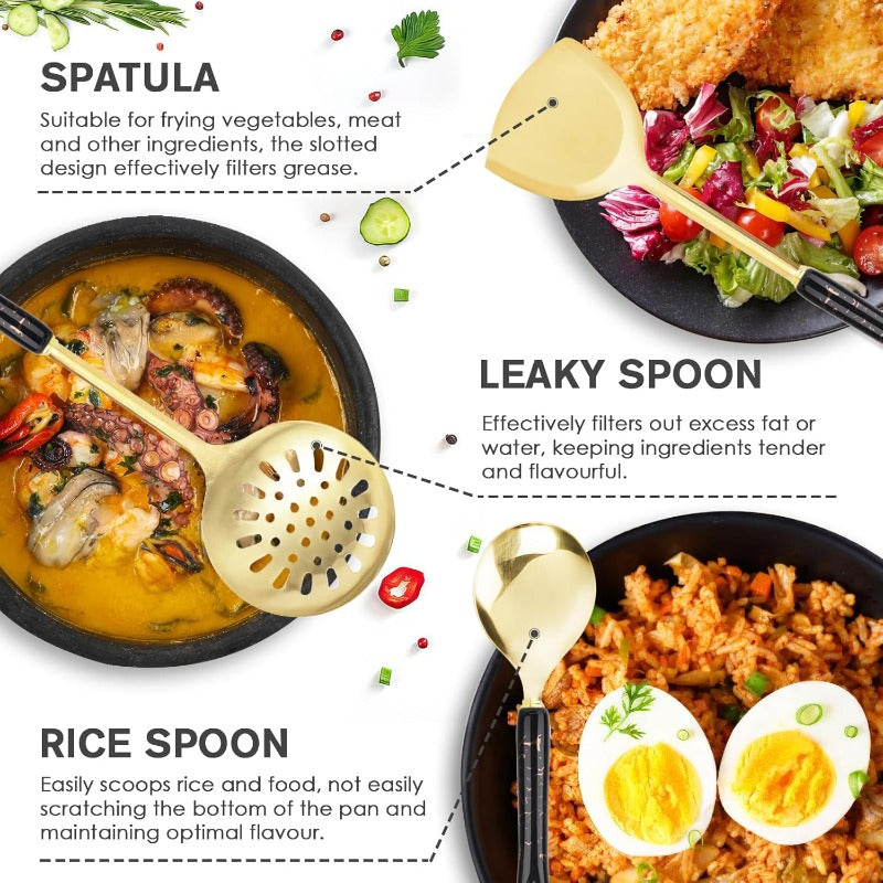 7pcs Stainless Steel Kitchen Utensil Set with Ceramic Heat-Resistant Non-Slip Black