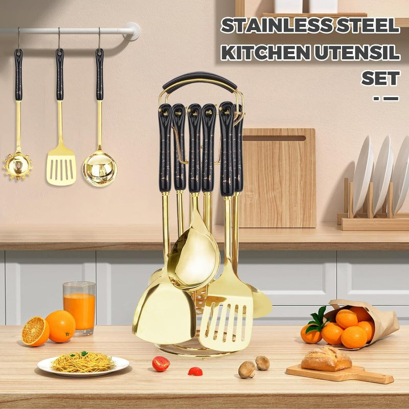 7pcs Stainless Steel Kitchen Utensil Set with Ceramic Heat-Resistant Non-Slip Black