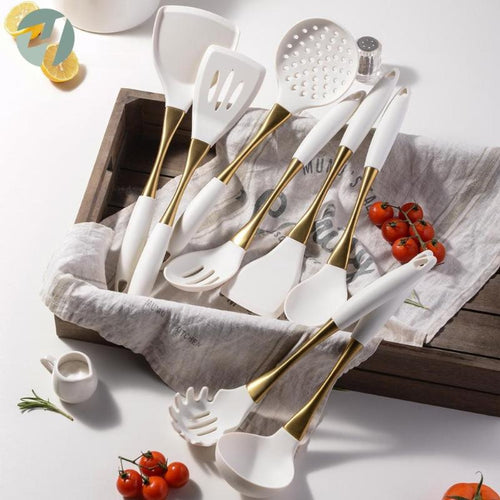 1 Set Premium Silicone Kitchen Cooking Utensil Set with 304 Stainless Steel Gold Plated Handles