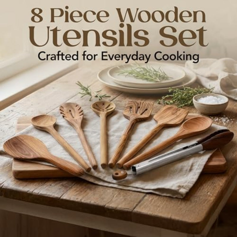 8pcs Teak Wooden Cooking Spoons Set | Wooden Utensil Set with Spatula