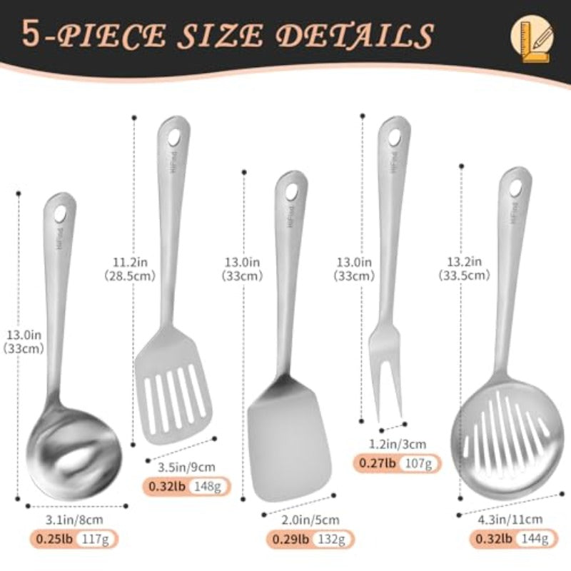 5pcs Heavy-Duty Stainless Steel Cookware Utensil Set with 304 Stainless Steel Cook Utensils