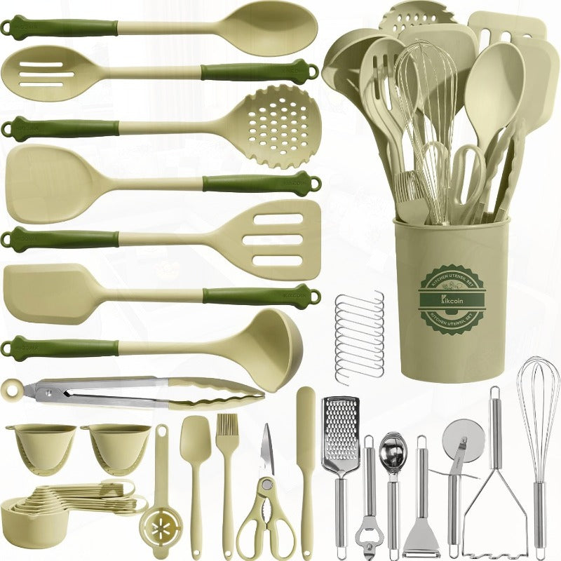 43pcs Nonstick Cookware Set with Holder - Heavy-Duty Silicone Kitchen Utensils