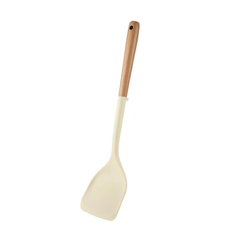 1pc Durable Silicone Turner with Long Wooden Handle for Non-stick Pans