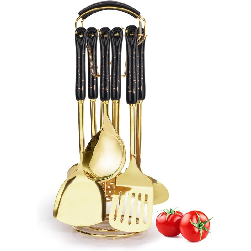 7pcs Stainless Steel Kitchen Utensil Set with Ceramic Heat-Resistant Non-Slip Black