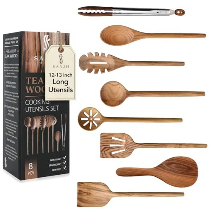 8pcs Teak Wooden Cooking Spoons Set | Wooden Utensil Set with Spatula